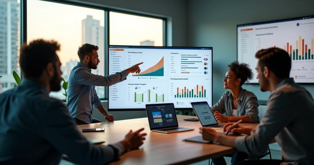 Equipe analisando gráficos de crescimento de tráfego e vendas em painel de SEO