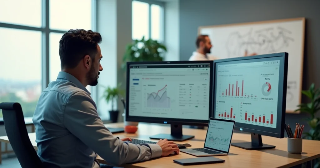 Empresário analisando site com poucos contatos em painel de métricas no computador