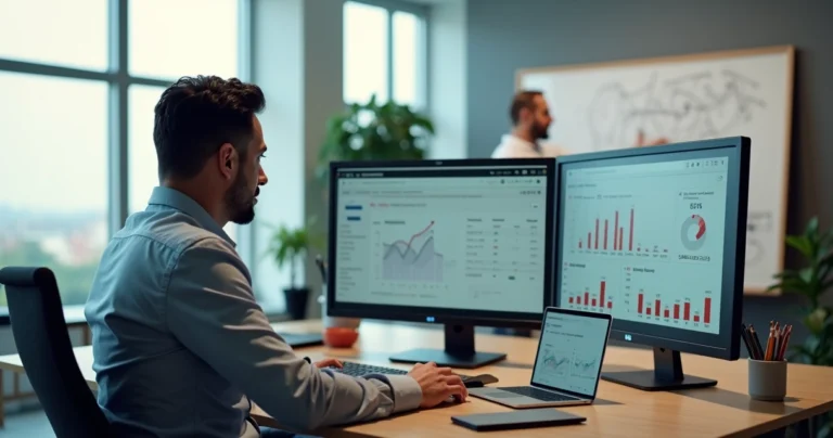 Empresário analisando site com poucos contatos em painel de métricas no computador