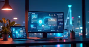 Tela de computador exibindo site moderno com gráficos de dados, IA e elementos 3D futuristas