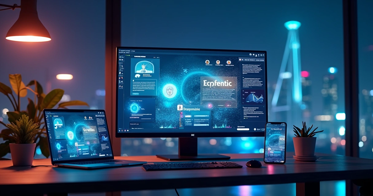 Tela de computador exibindo site moderno com gráficos de dados, IA e elementos 3D futuristas