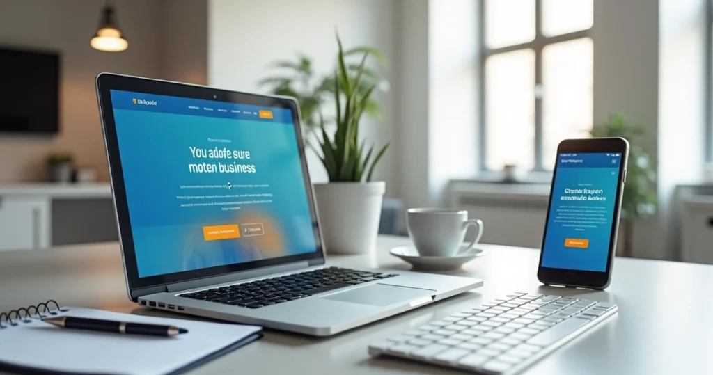 Tela de notebook com website profissional aberto ao lado de smartphone em mesa de escritório moderna