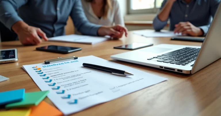 Mesa de reunião com checklist de briefing de site ao lado de notebook com layout aberto