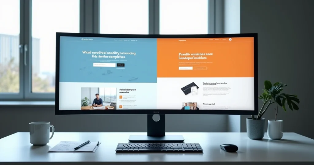 Monitor mostrando comparação entre site institucional e landing page lado a lado