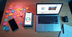 Mesa dividida com lado de redes sociais caótico e lado de site corporativo organizado