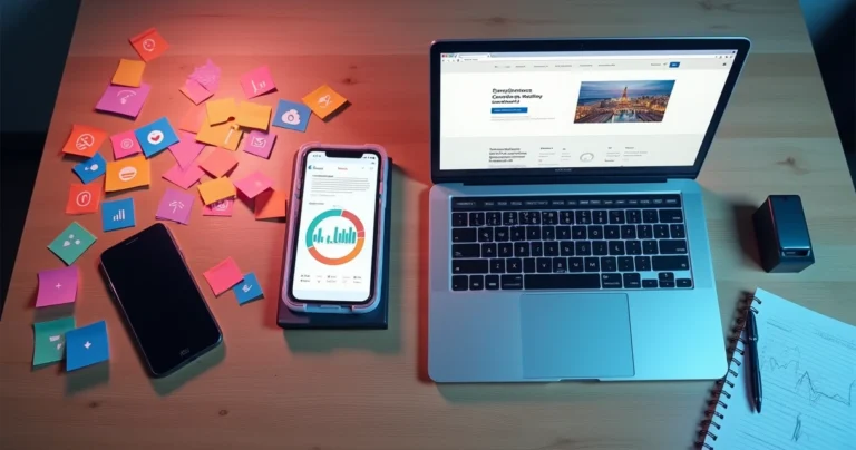 Mesa dividida com lado de redes sociais caótico e lado de site corporativo organizado