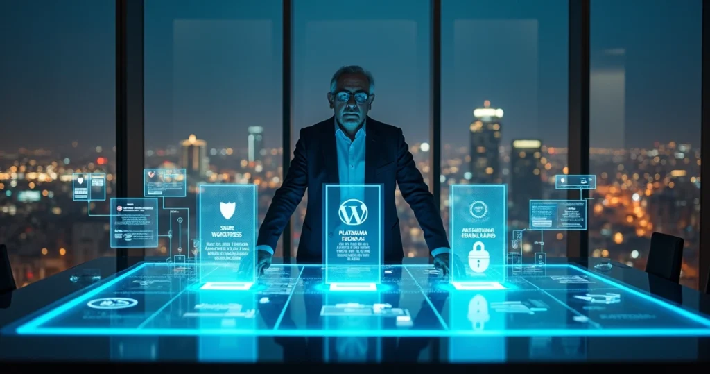 CTO comparando WordPress com outras plataformas em painel digital futurista