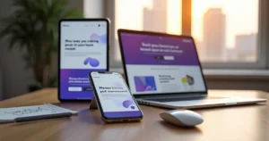 Layout de site responsivo exibido em múltiplos dispositivos móveis em cima de uma mesa