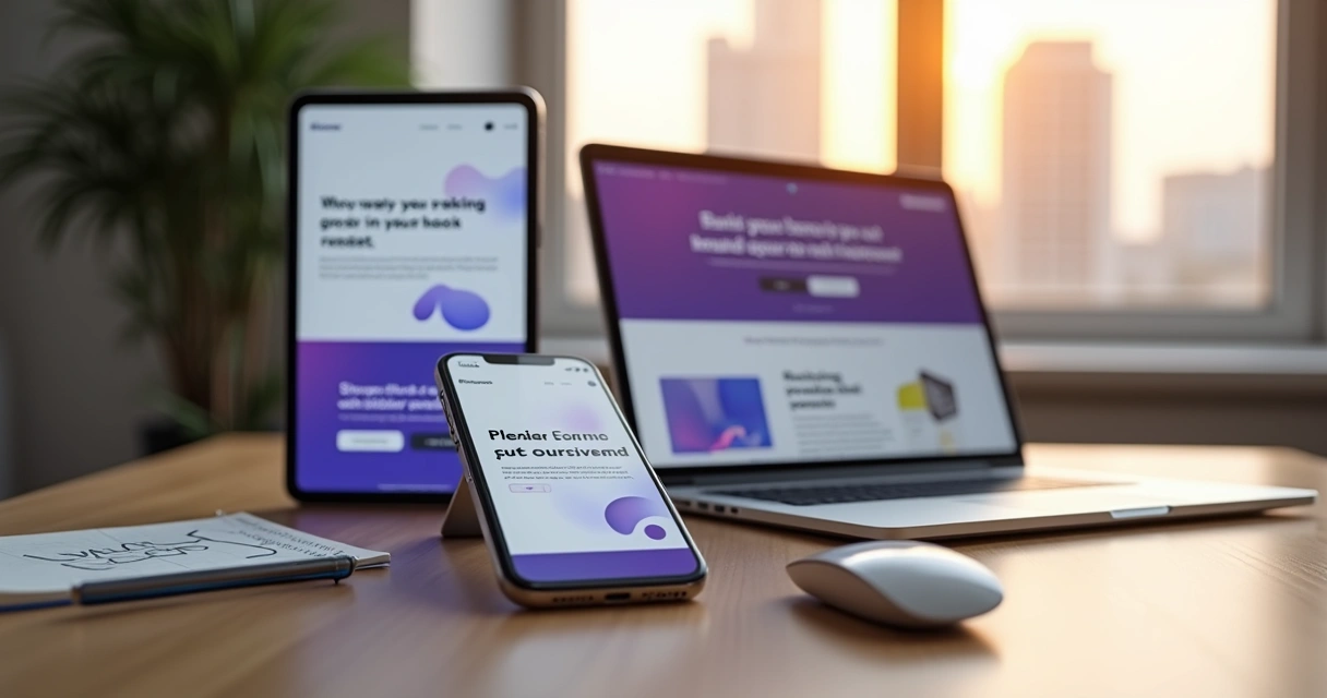 Layout de site responsivo exibido em múltiplos dispositivos móveis em cima de uma mesa