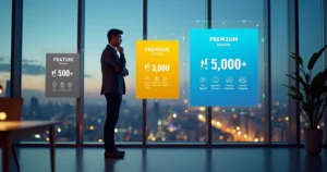 Empreendedor analisando diferentes opções de investimento para criação de site profissional em parede de vidro com cards coloridos