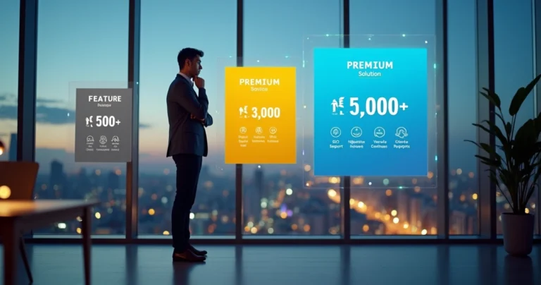 Empreendedor analisando diferentes opções de investimento para criação de site profissional em parede de vidro com cards coloridos