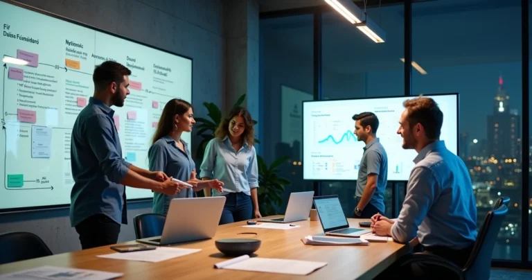 Equipe especializada planejando etapas de criação de site em quadro organizado