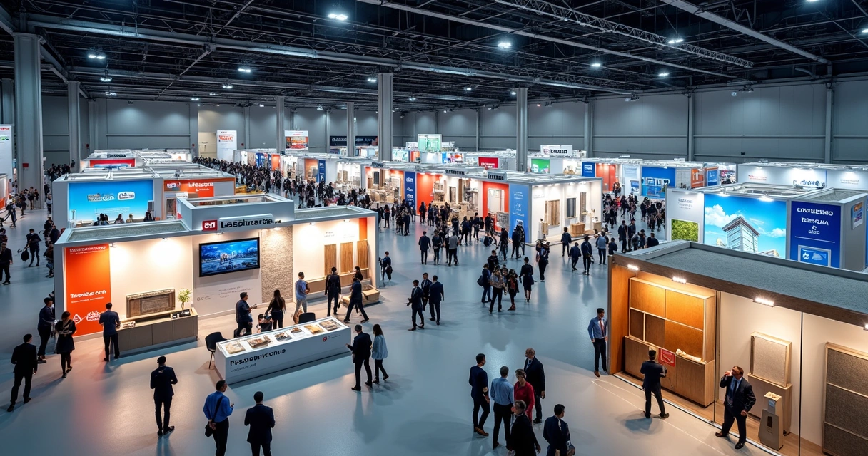 Vista ampla de pavilhão de feira de construção lotado com estandes e profissionais em circulação