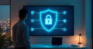 Empresário observando painel digital com escudo de segurança protegendo site da empresa