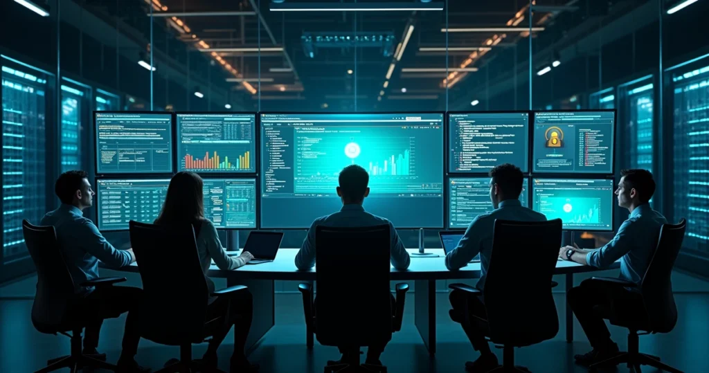 Equipe de TI em sala de servidores monitorando segurança de site empresarial