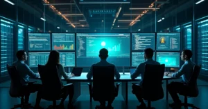 Equipe de TI em sala de servidores monitorando segurança de site empresarial