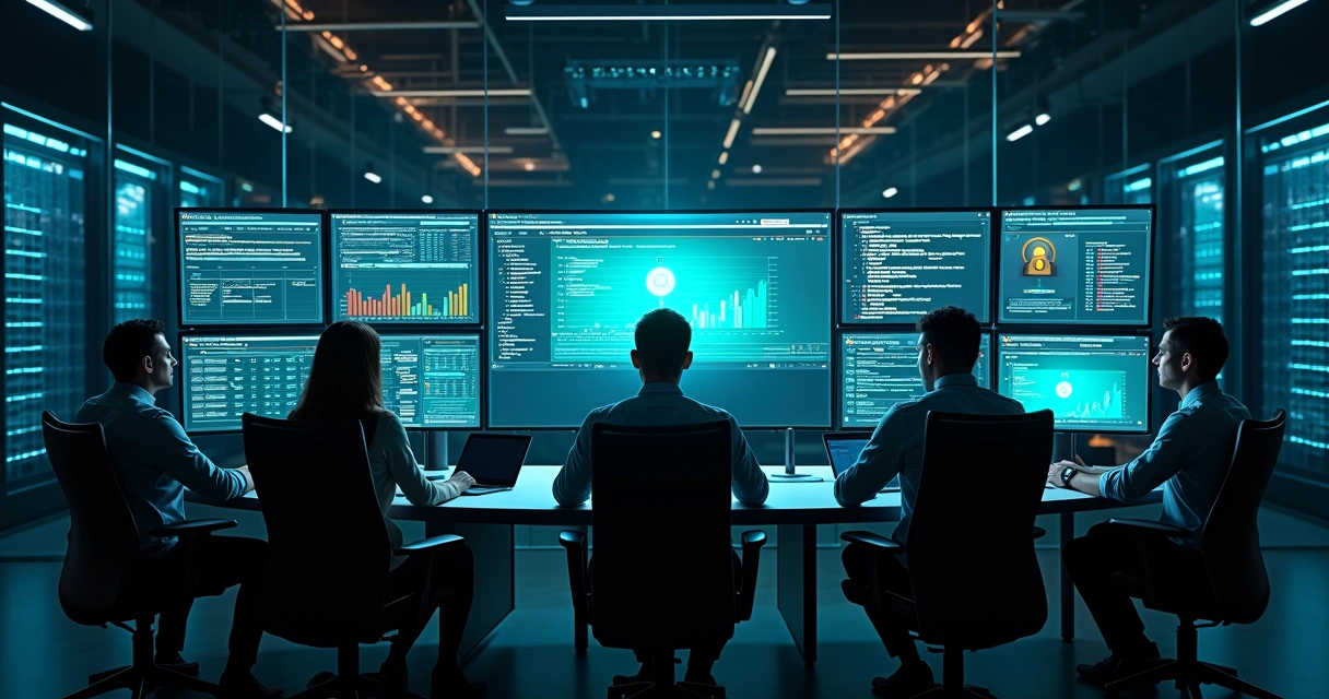 Equipe de TI em sala de servidores monitorando segurança de site empresarial
