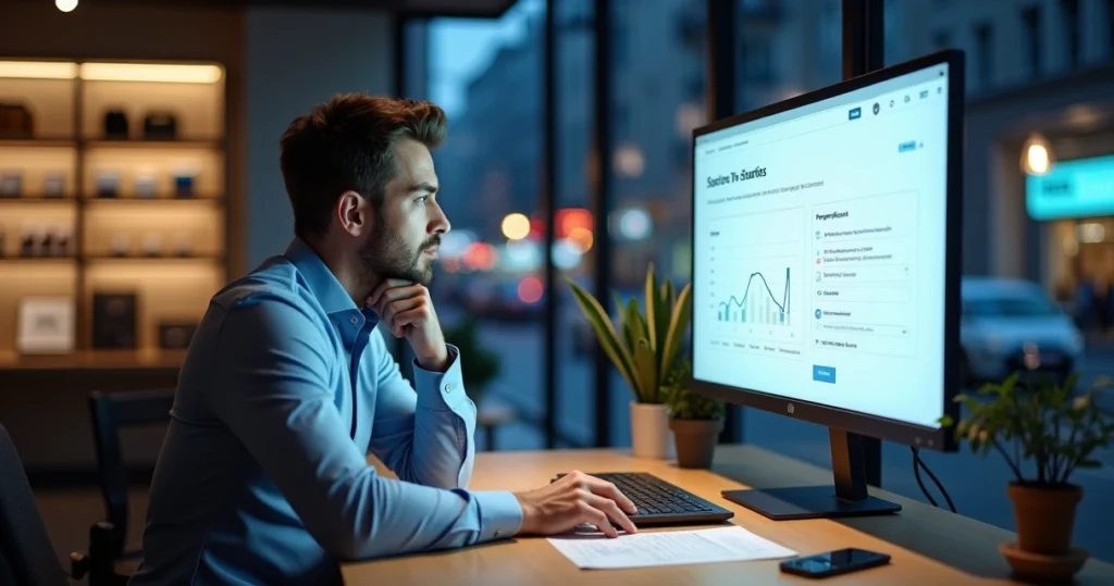 Empresário em loja física vazia olhando para monitor com site sem vendas