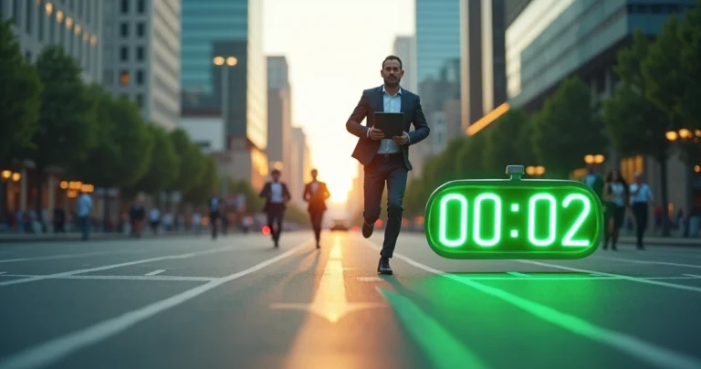 Corredor de negócios competindo com cronômetro gigante representando velocidade de site
