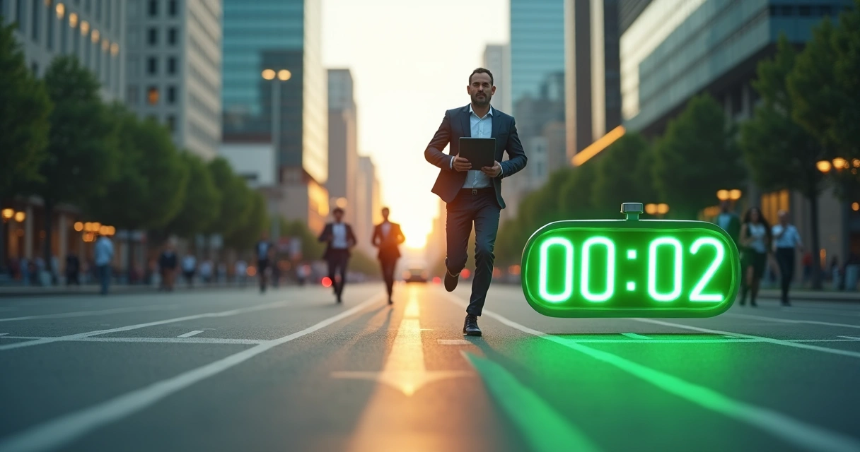 Corredor de negócios competindo com cronômetro gigante representando velocidade de site