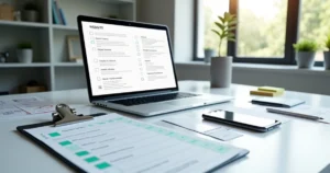 Tela de notebook com checklist digital ao lado de protótipo de site moderno aberto