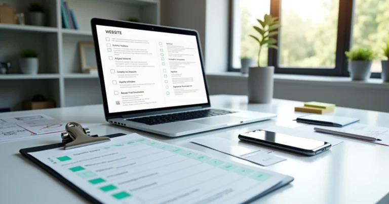 Tela de notebook com checklist digital ao lado de protótipo de site moderno aberto