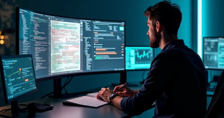 Engenheiro de software analisa códigos de um site cheio de erros na tela