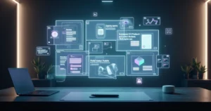 Painel digital futurista exibindo tendências visuais de criação de sites para 2026