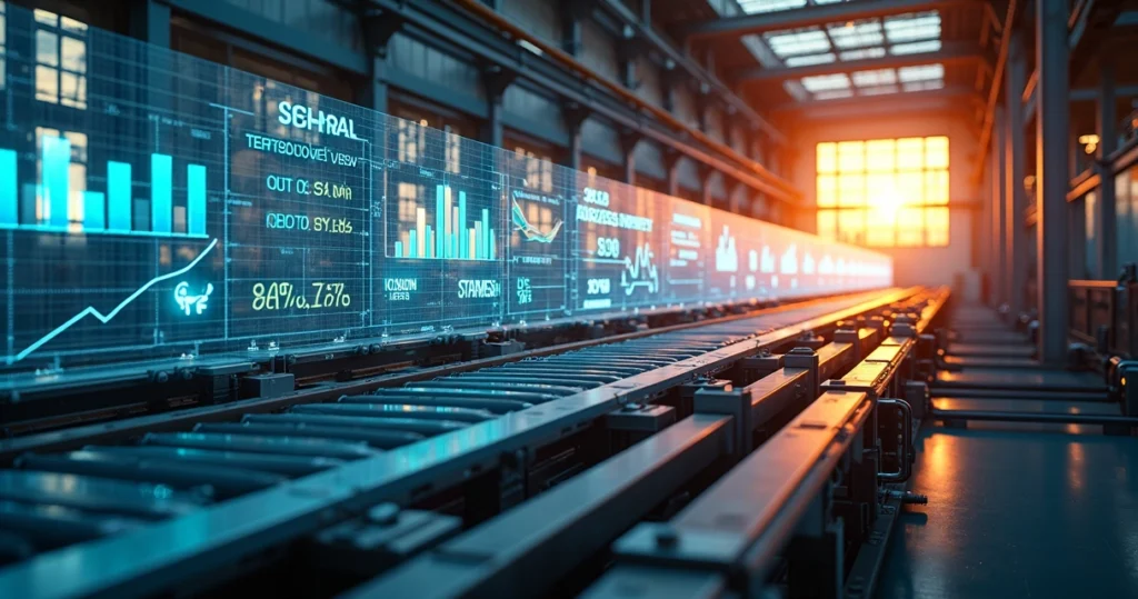 Linha de produção industrial conectada a telas mostrando gráficos de SEO