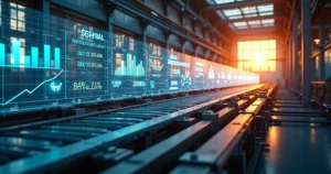 Linha de produção industrial conectada a telas mostrando gráficos de SEO