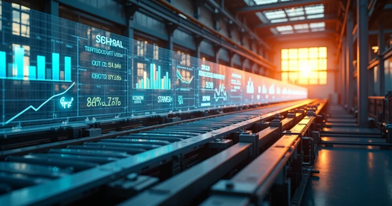 Linha de produção industrial conectada a telas mostrando gráficos de SEO