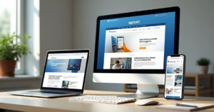 Layout de site responsivo exibido em vários dispositivos sobre mesa clara