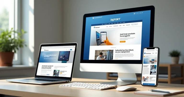 Layout de site responsivo exibido em vários dispositivos sobre mesa clara