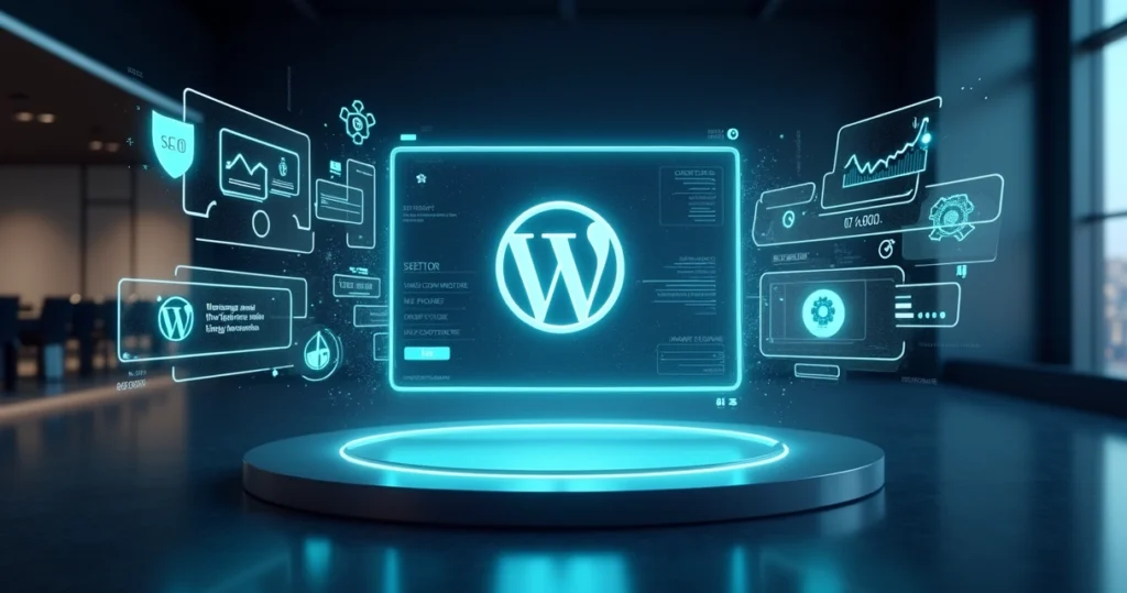 Painéis flutuando com site WordPress corporativo, SEO e gráficos de desempenho