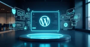 Painéis flutuando com site WordPress corporativo, SEO e gráficos de desempenho